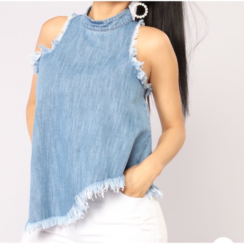 Frayed mock neck top